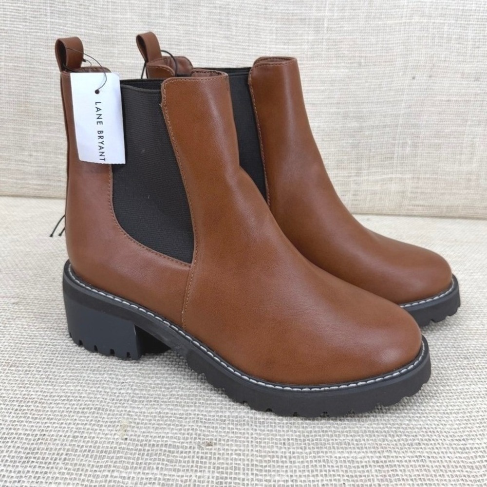 Lane Bryant Womens 9W Cognac Brown Faux Leather Lug Sole Chelsea Ankle Boots NWT